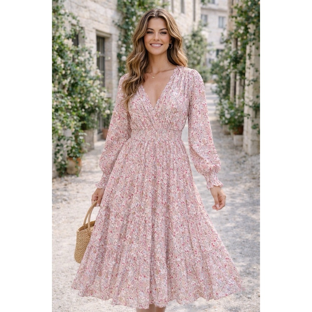 & Merci Floral Maxi Tiered Dress Sz S Cottagecore Resort Boho Milkmaid